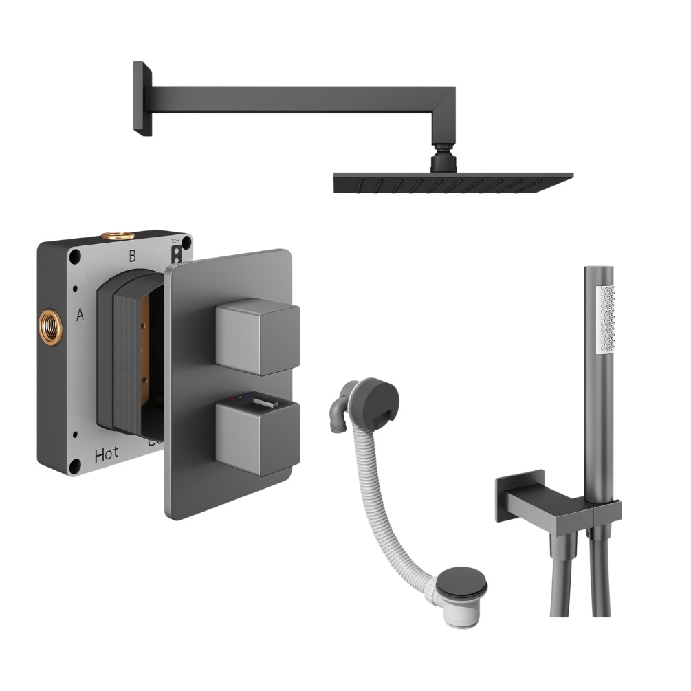 Product Cut out image of the Abacus Square Anthracite 3 Outlet Shower Pack with Bath Filler & Handset